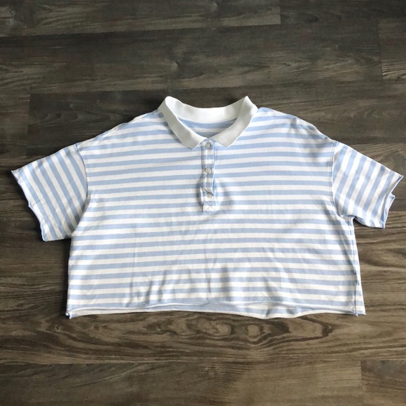 Aerie Crop Star Polo Blue White Stripe Distressed Medium Oversized - Picture 2 of 12